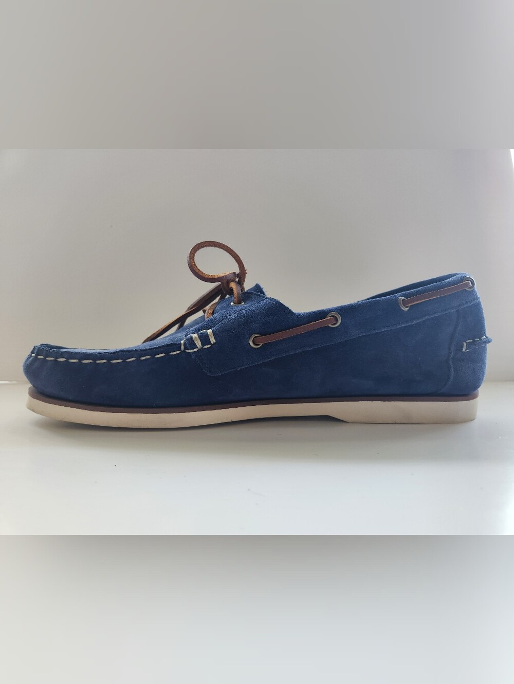 Allen Edmonds Navy Suede Boat Shoe with Brown Laces